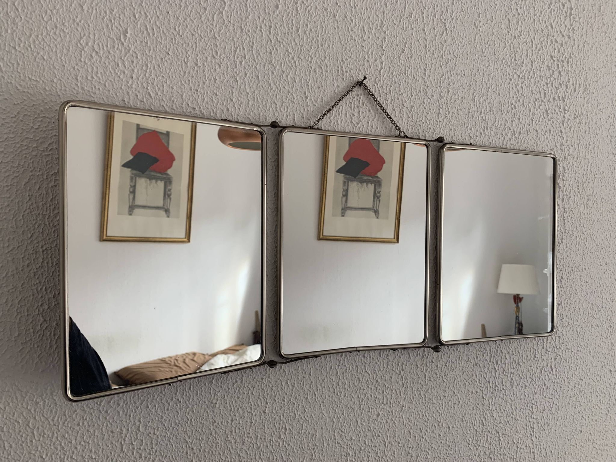 Vintage 1950s triptych barber's mirror, terracotta, hairdresser's tile - 27 x 65 cm