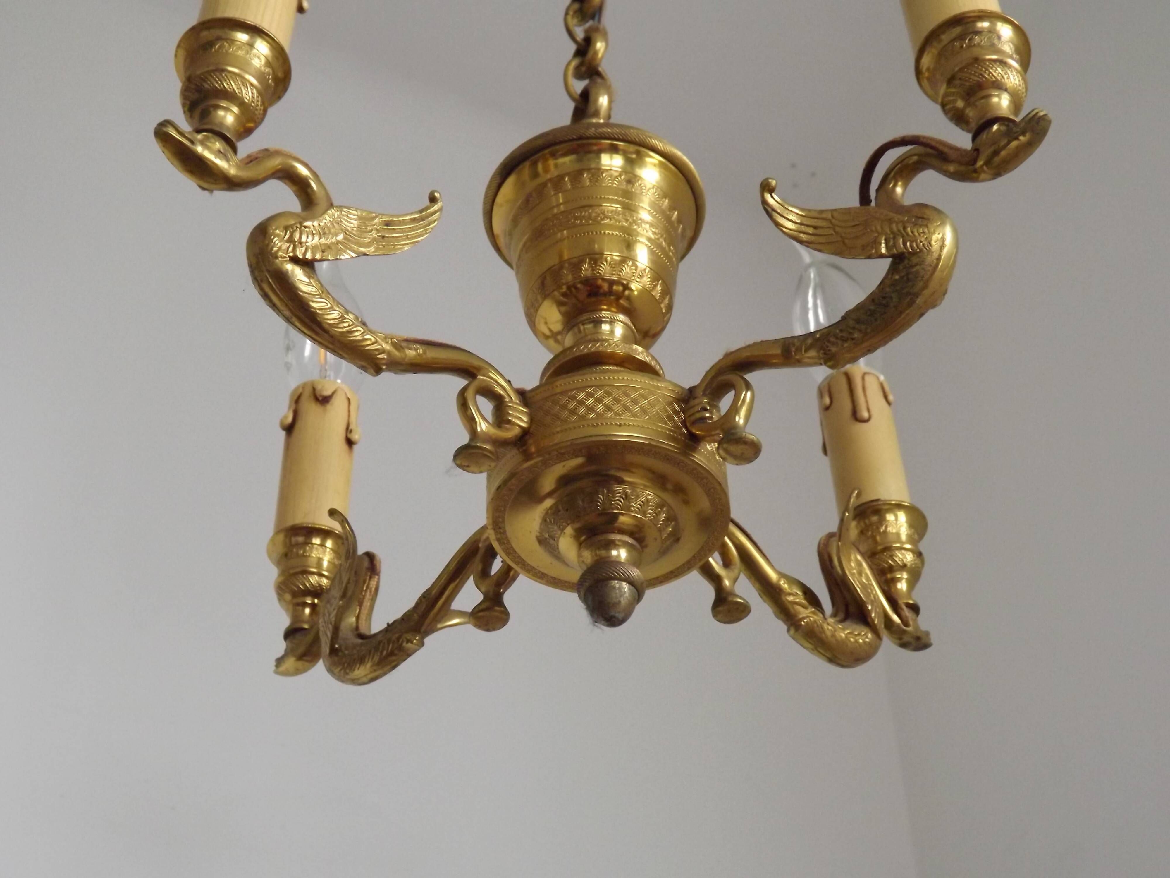 French Empire Style Bronze 4-Light Chandelier with Swan Detail Arms