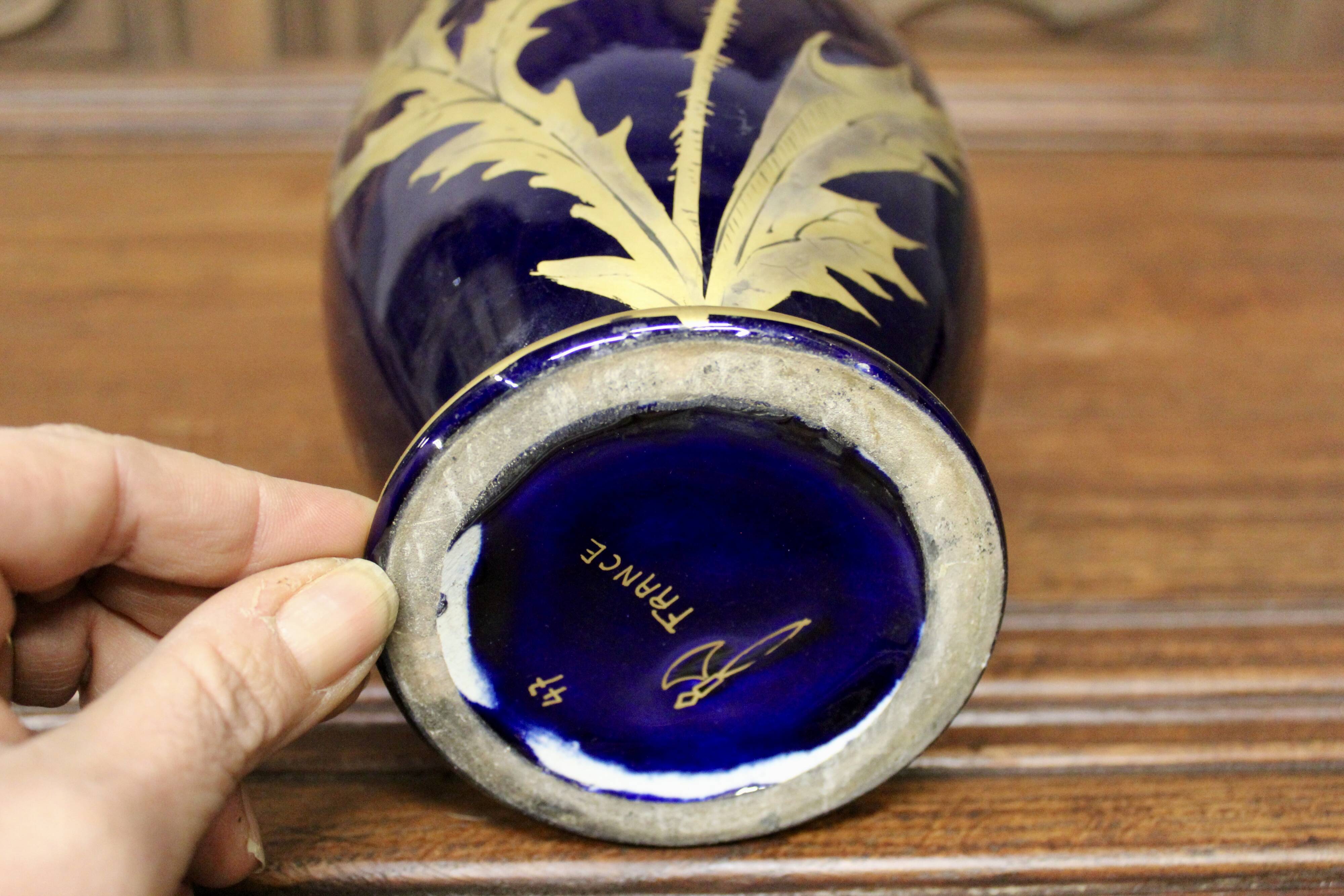 Vase with thistle by Gustave Asch, Tours blue, Sainte Radegonde