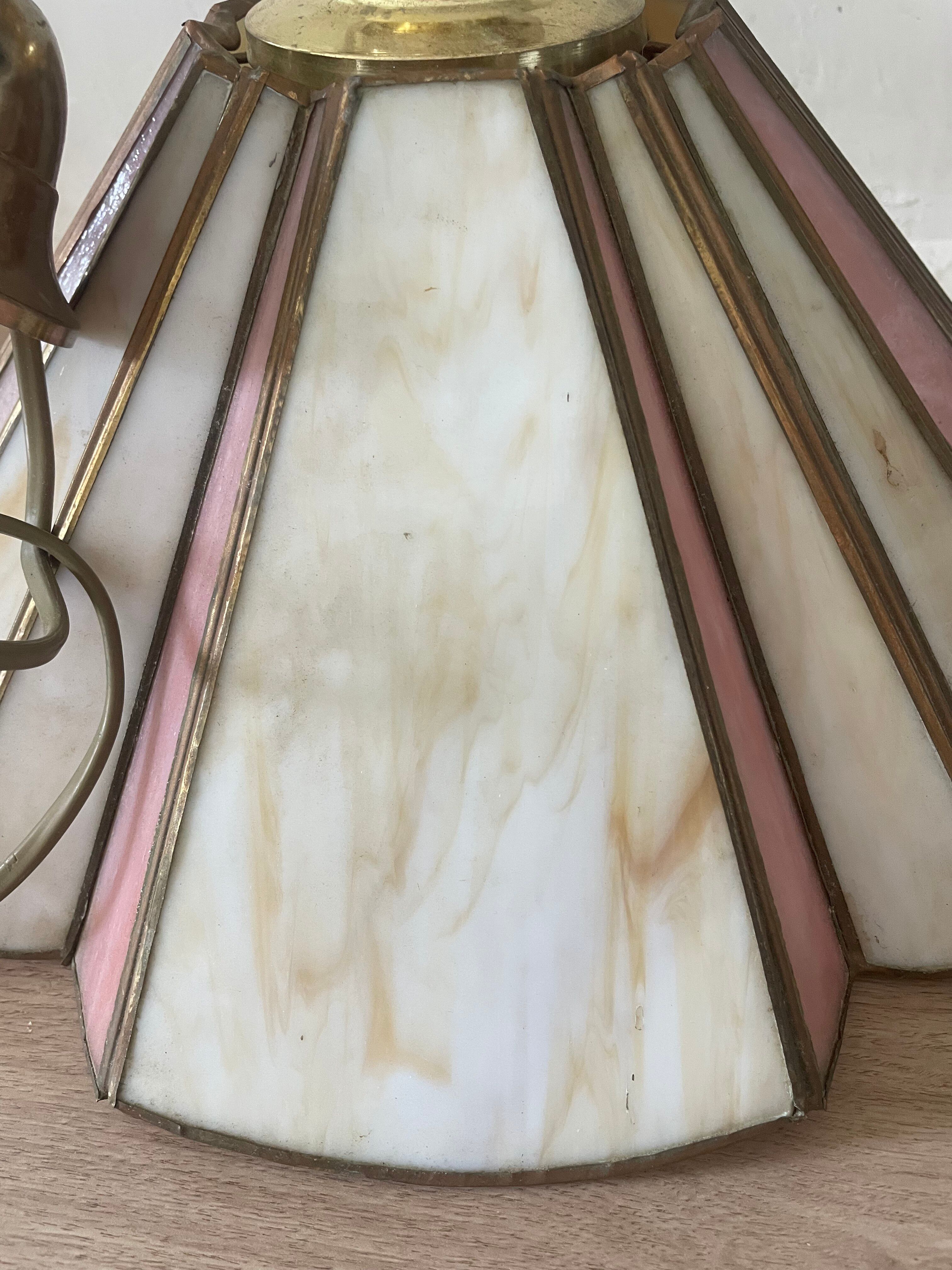 Vintage Tiffany suspension style, two-tone glass shade.