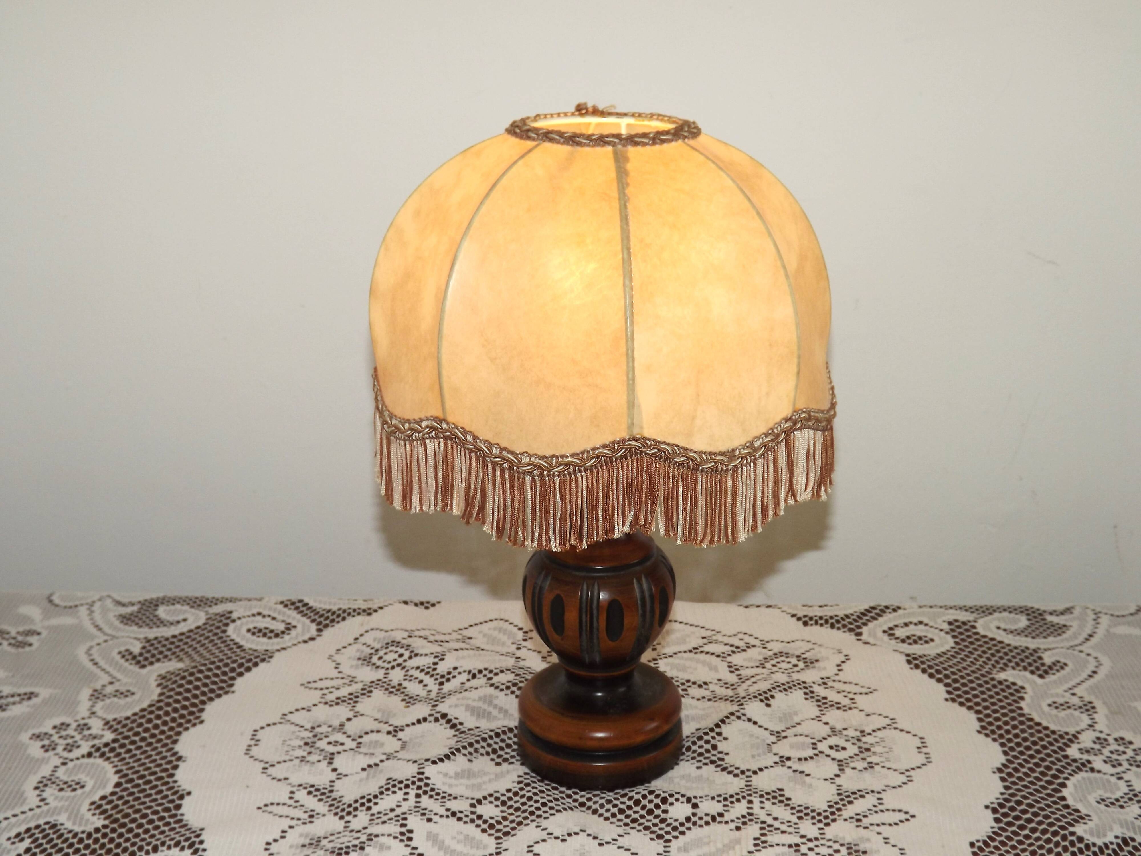 French Mid Century Round Turned Wood Grooved Table Lamp Hide Skin Shade