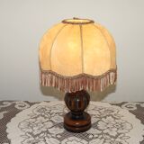 French Mid Century Round Turned Wood Grooved Table Lamp Hide Skin Shade