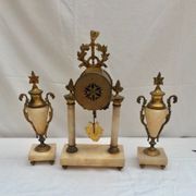 Clock fireplace trim and two vases in onyx and bronze style Louis XVI