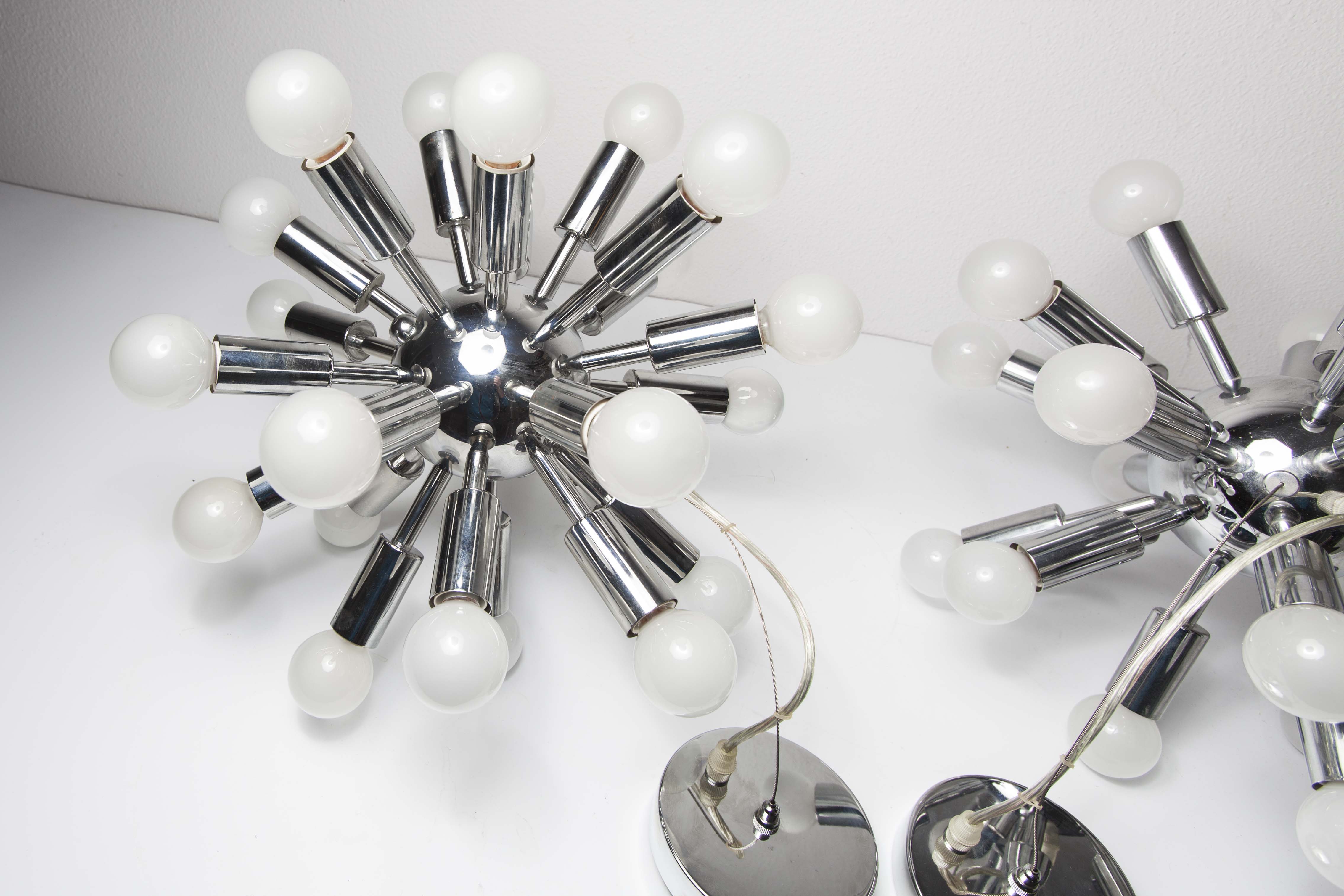 Pair of vintage chrome Sputnik chandeliers