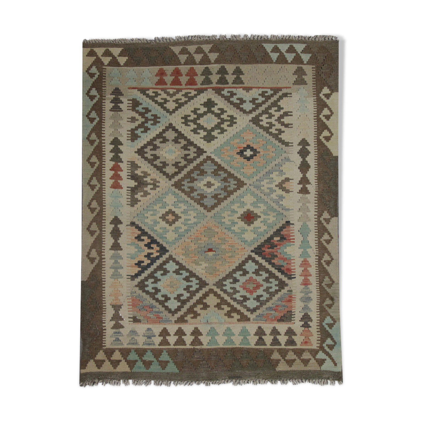 Traditional Afghan Kilim Rug Symmetrical Geometric Wool Area Rug- 104x141cm
