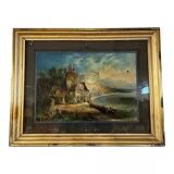 Painting fixed under glass depicting a lake view with the Alps in the background (A)
