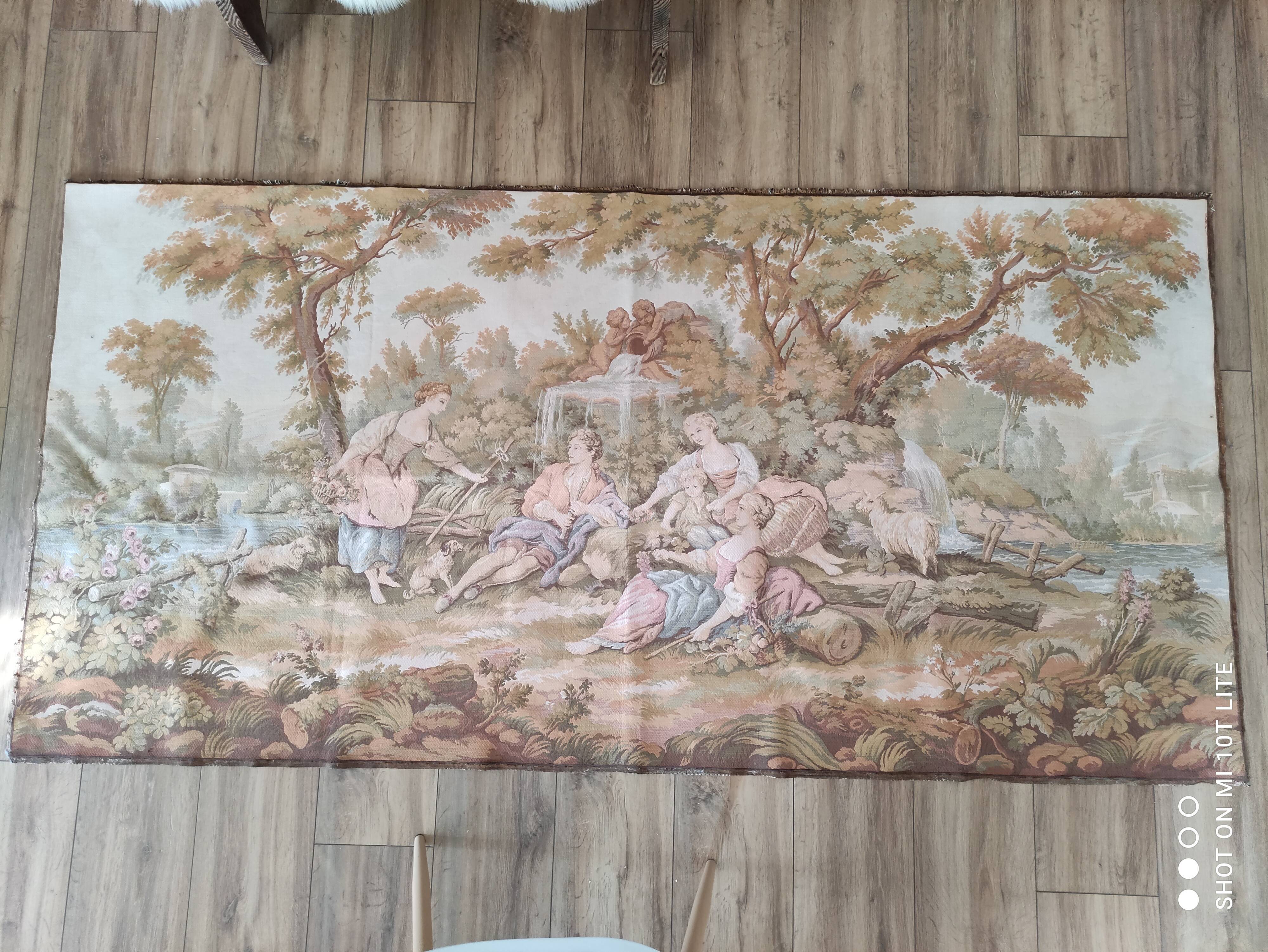 Wall tapestry type Gobelins middle 20th country decoration polychrome shepherds, shepherdesses and sheep