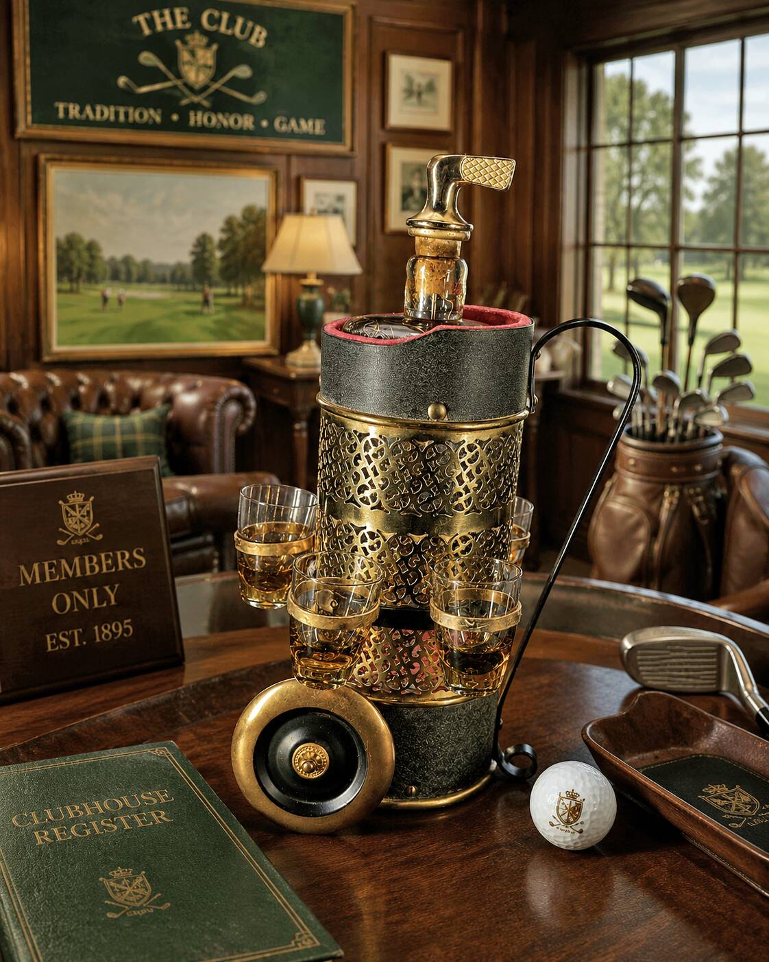 Vintage Musical Golf Caddie Cart Decanteur Art Deco 60's with 5 shots glass