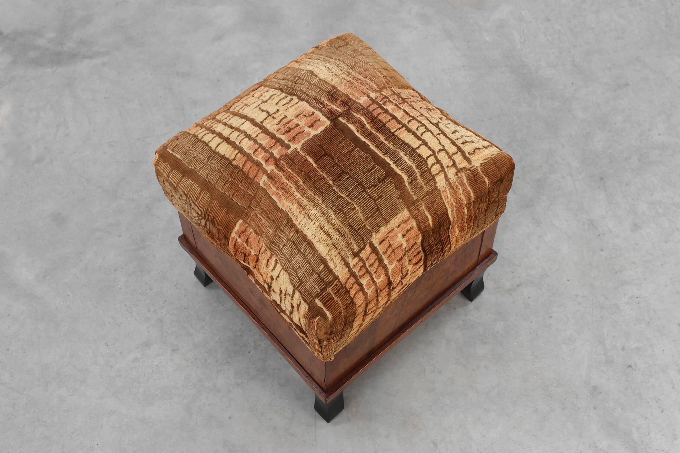 Art Deco walnut stool with original velvet upholstery, Italy 1920s