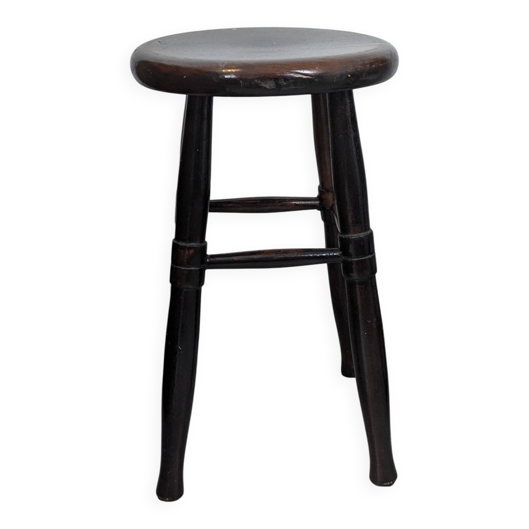 Old turned wooden bistro stool – dark brown patina
