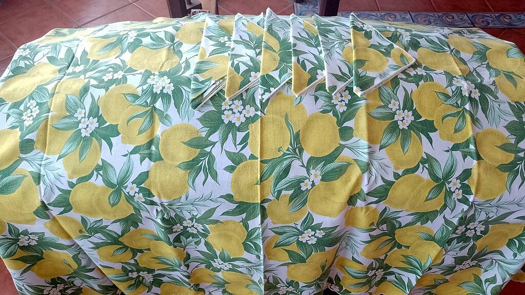 Nappe festonnée en coton vintage 6 serviettes Citrons Fleurs de citronnier