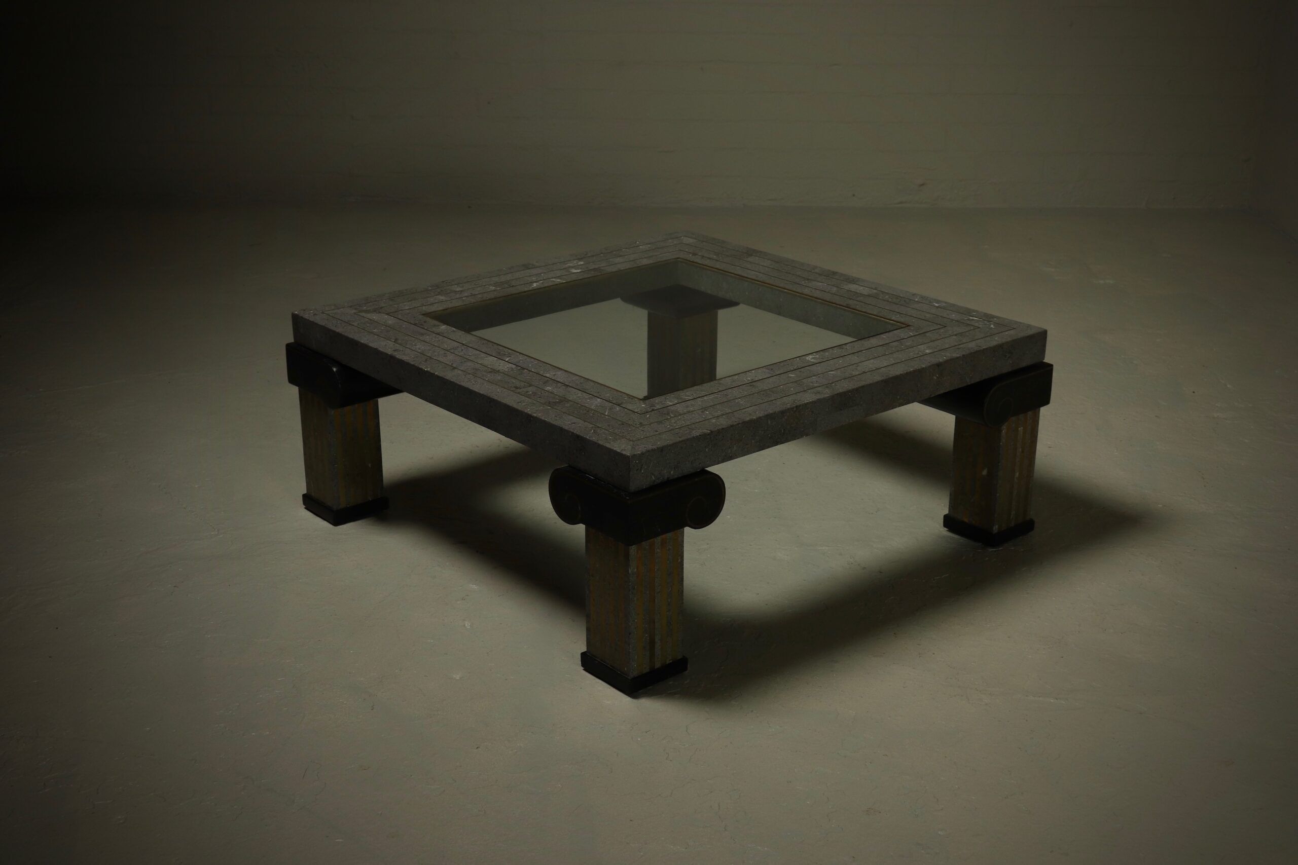 Large Maitland-Smith tessellated stone and brass coffee table 1980s
