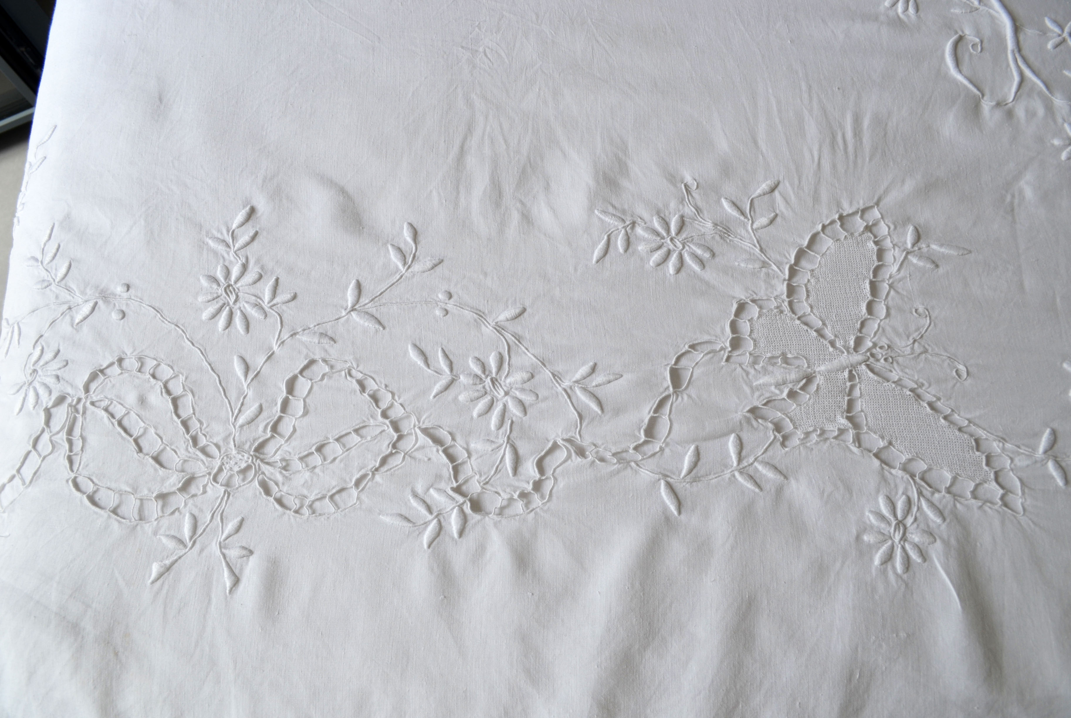 Antique linen sheet embroidery and monogram