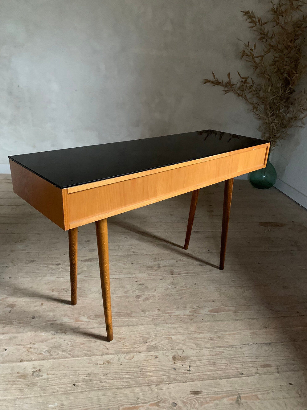 Vintage desk with compass legs in oak