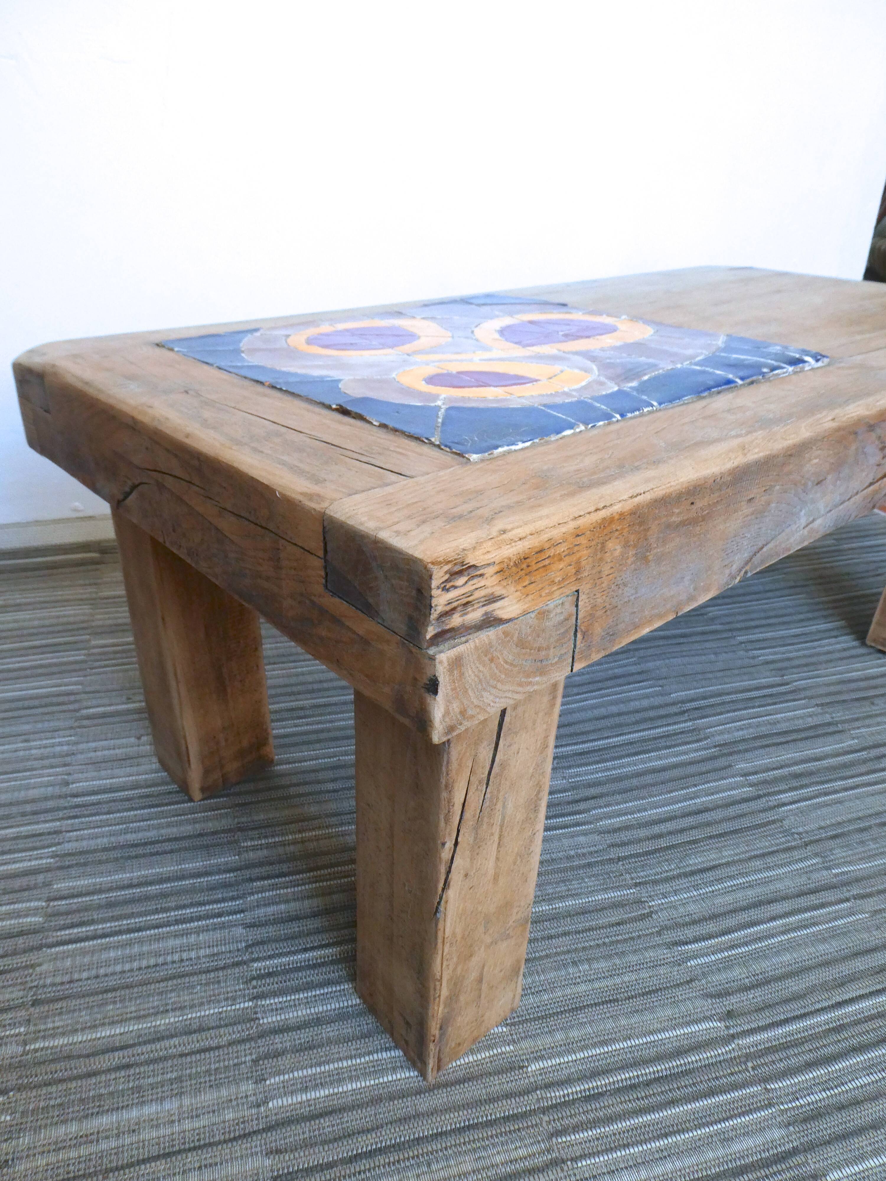Solid wood and ceramic coffee table, 70s