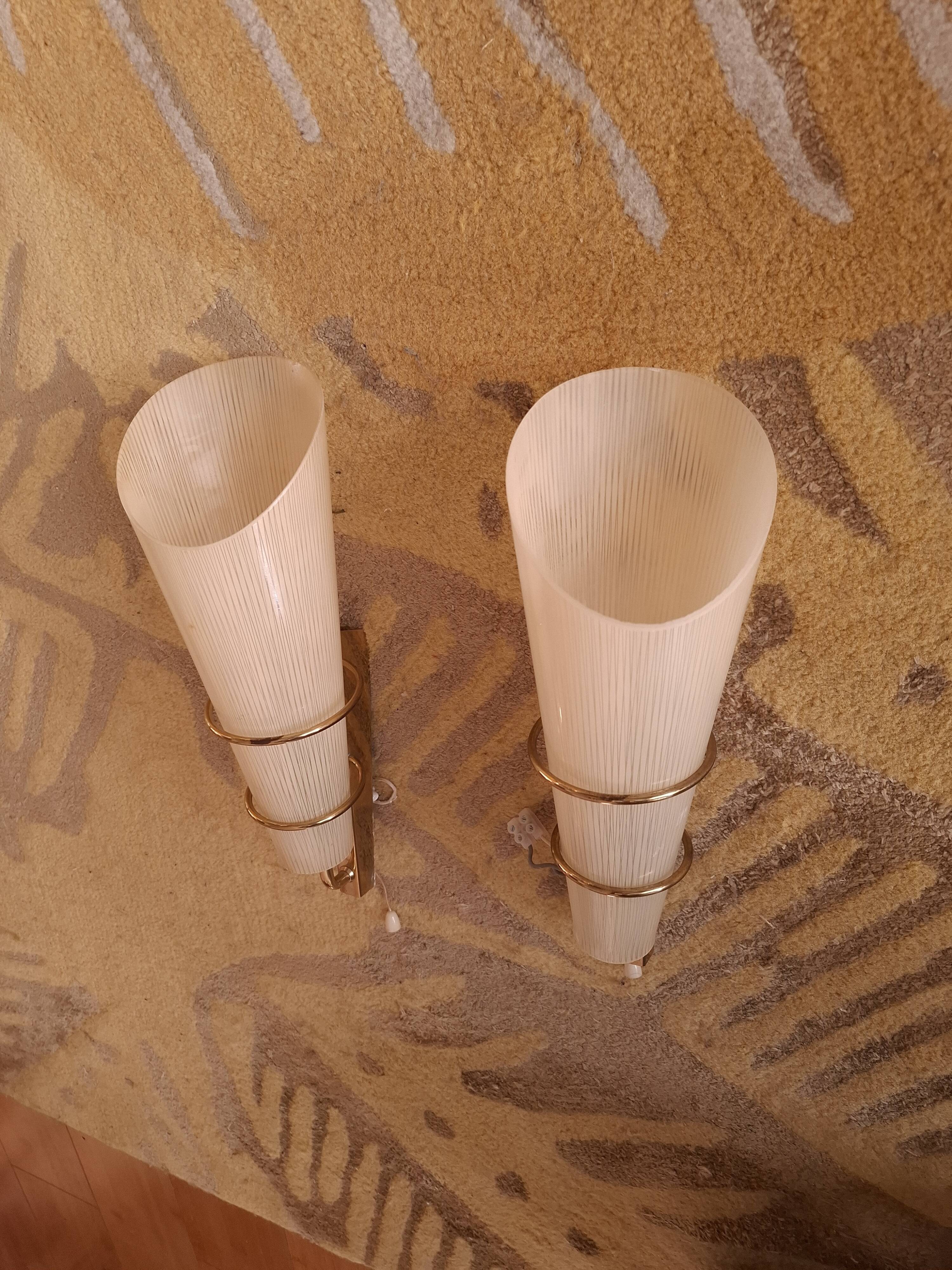 2 60's design wall lights in italian brass and glass