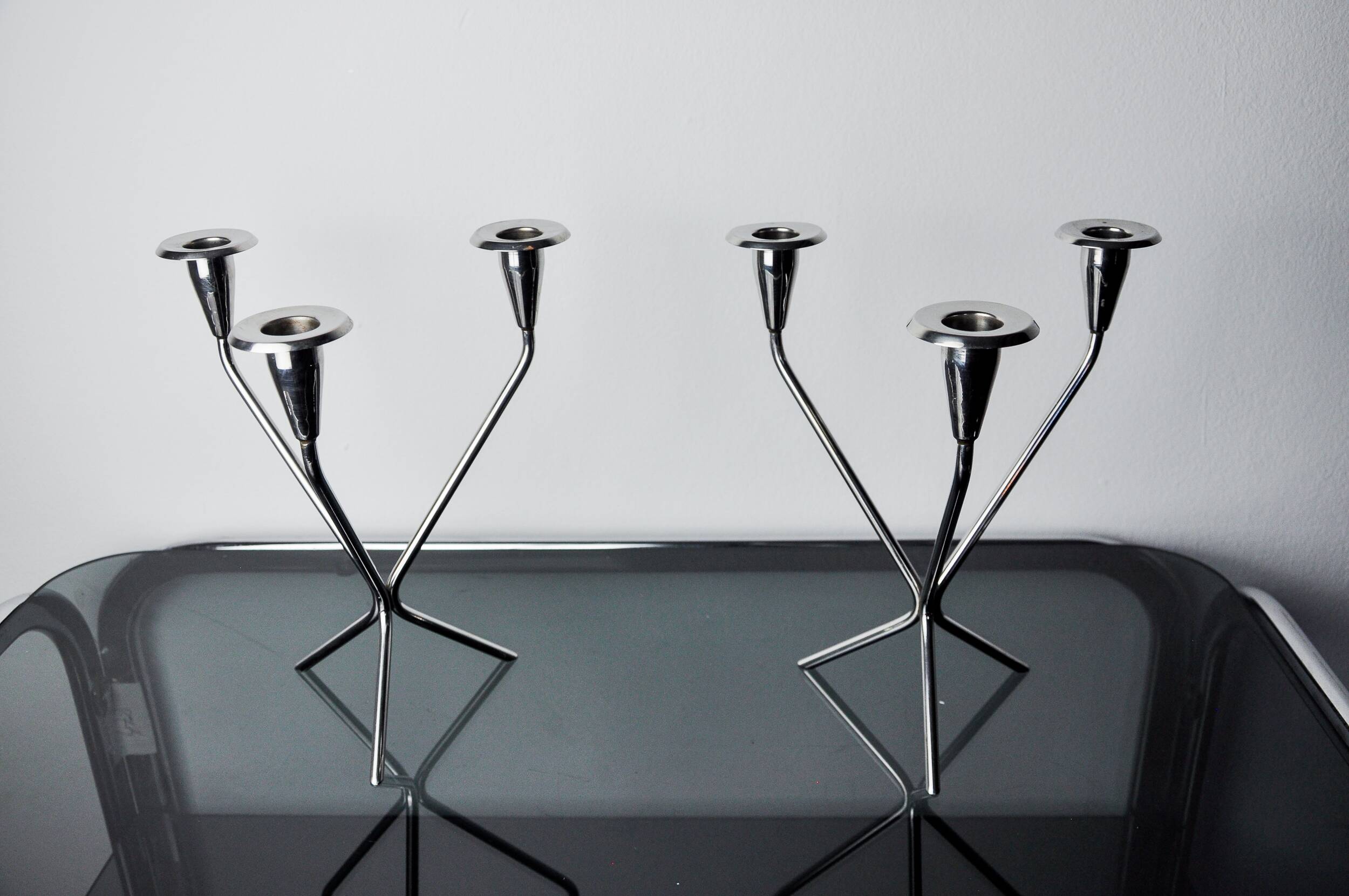 Pair of art deco stainless steel 3-flame candlesticks, Spain, 1970