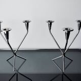 Pair of art deco stainless steel 3-flame candlesticks, Spain, 1970