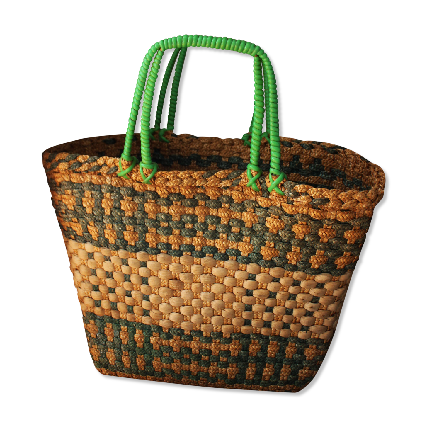 Panier vannerie vintage tressage vert anses scoubidou