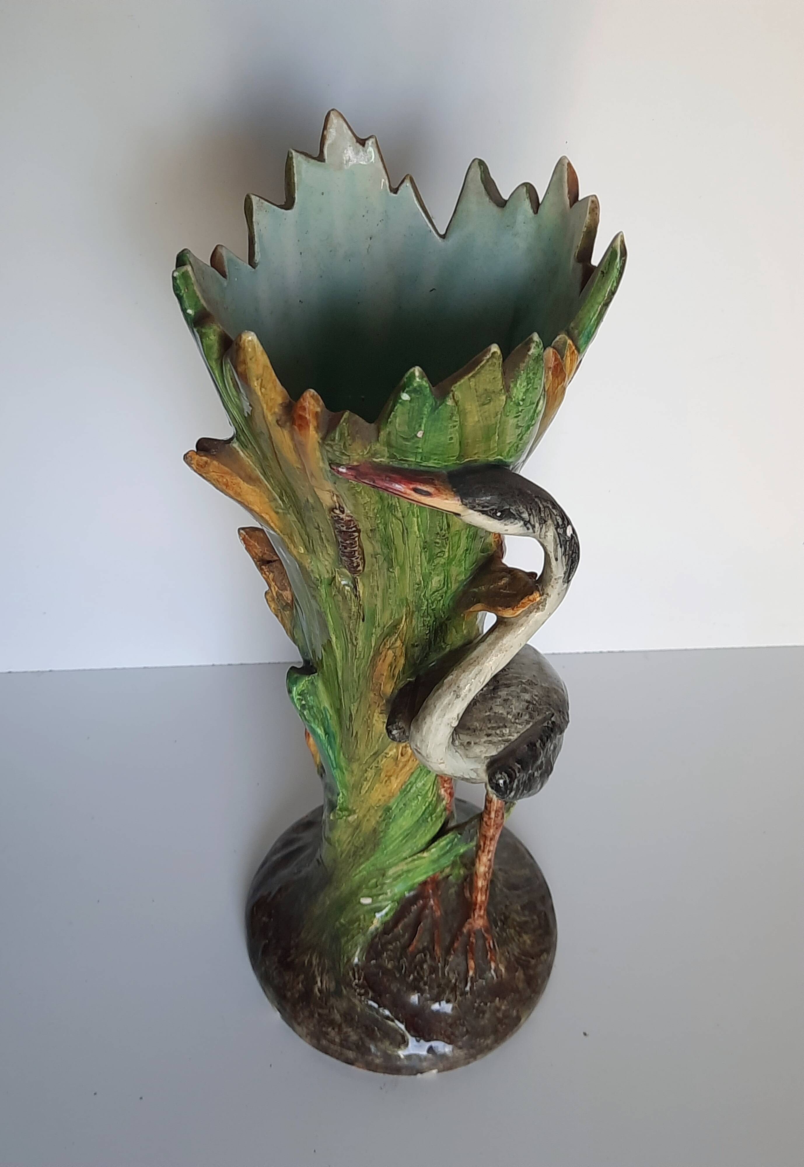Art Nouveau majolica heron and iris vase