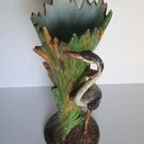 Art Nouveau majolica heron and iris vase