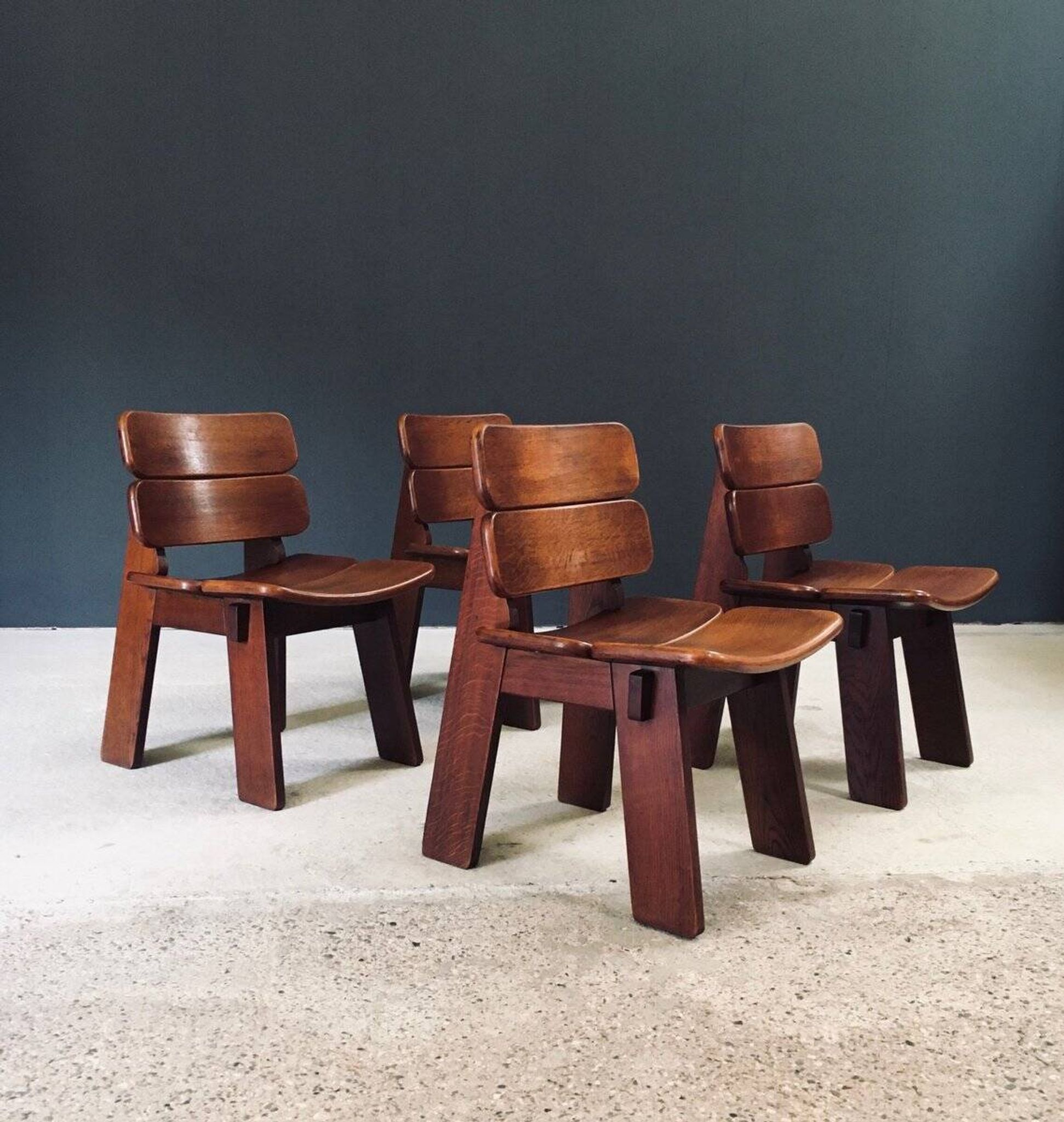 Constructivist Oak Dining Chairs, Belgium, 1960s, Set of 4