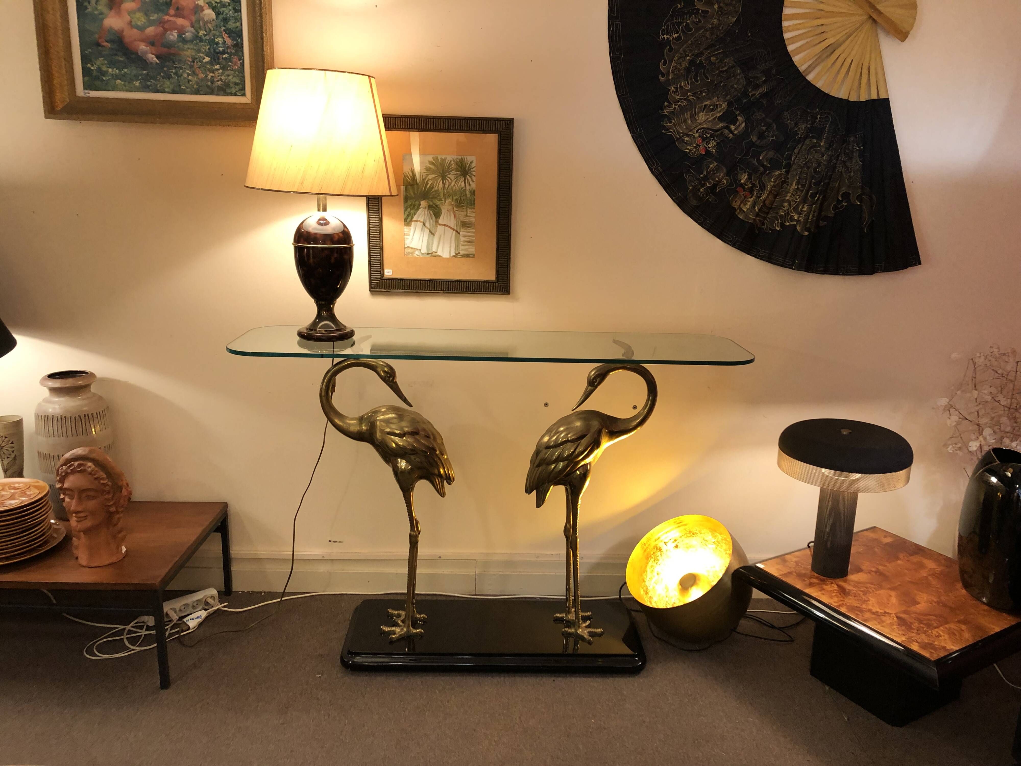 Console échassiers en laiton doré Années 70