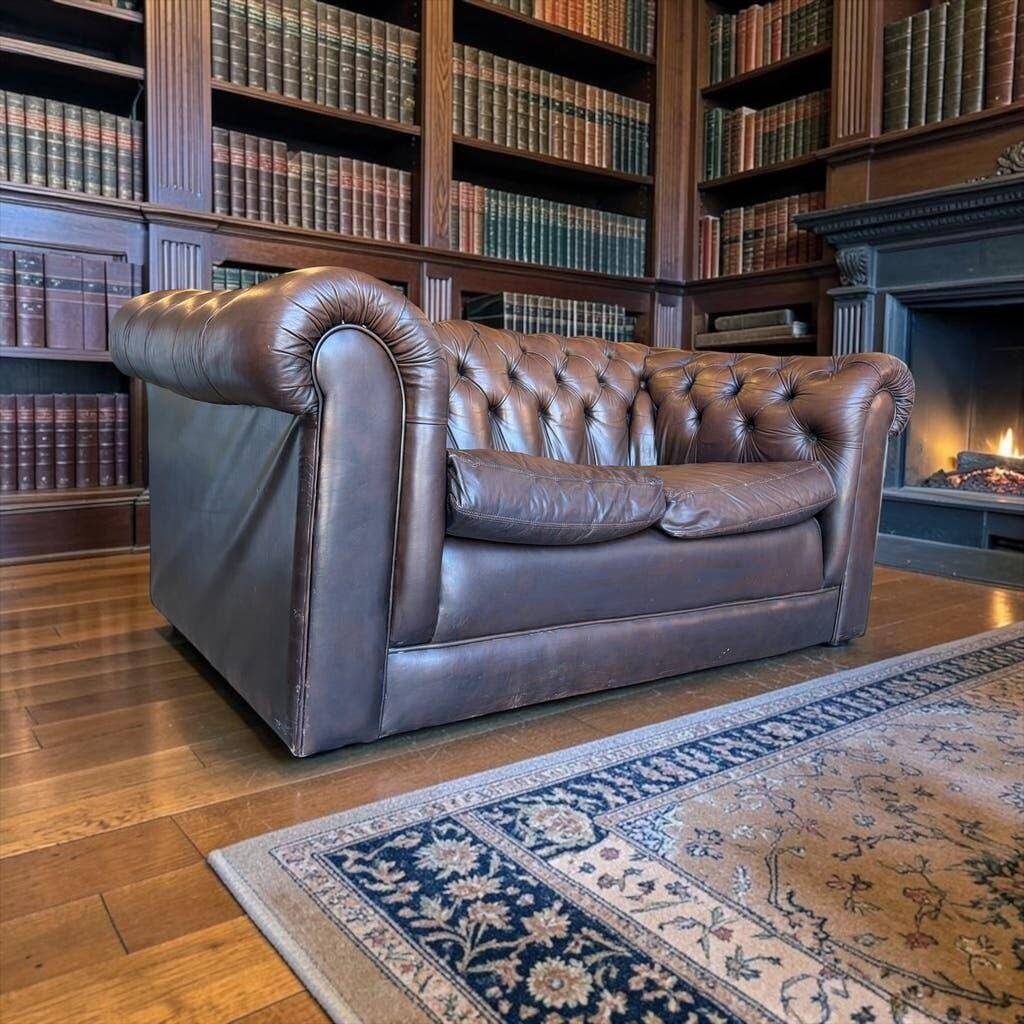 Vintage chocolate brown leather Chesterfield armchair/sofa