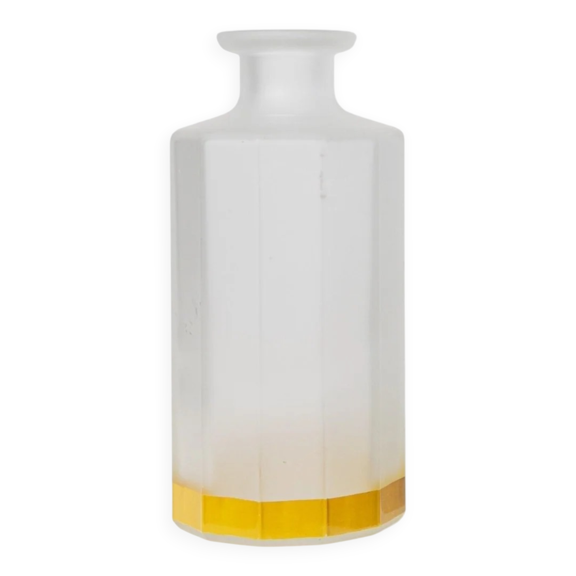 Vintage milky glass vase with yellow base, twelve-faced silhouette, Italian Bormioli, 1980s