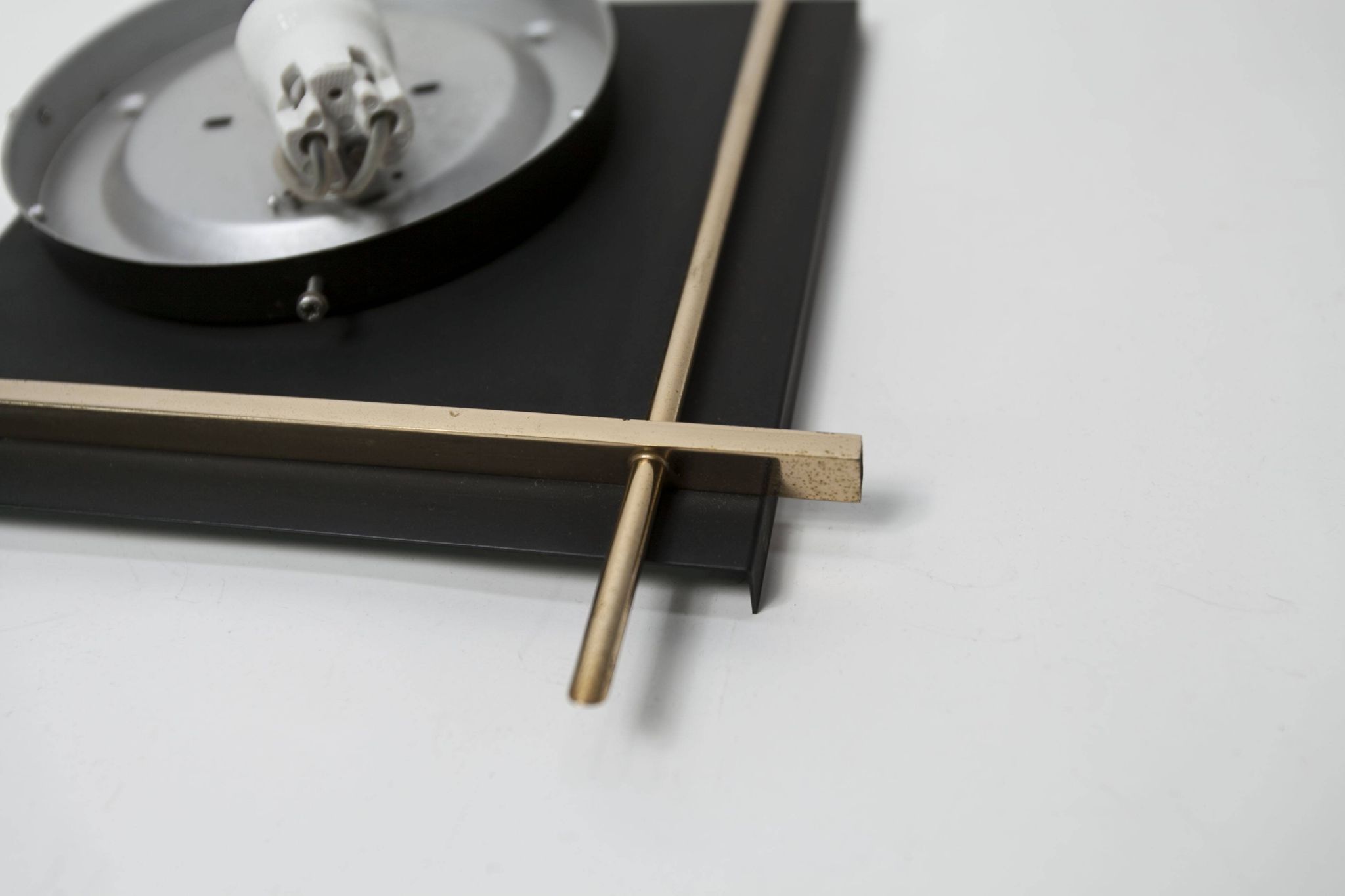 1960 wall light, black metal glass and gold brass rods