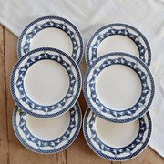 6 assiettes plates vintage motif oies bleu et blanc