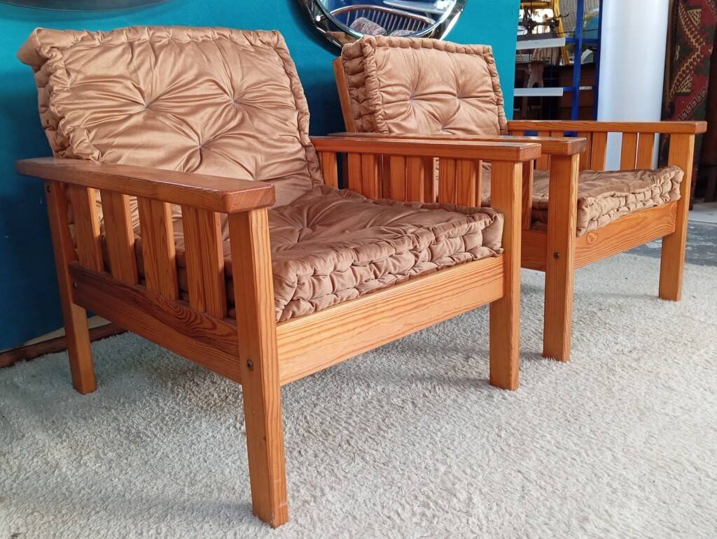 Pair of 70s pine armchairs