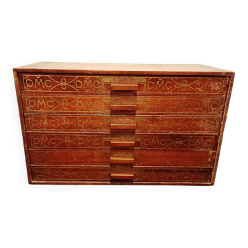 Vintage sewing box/small chest of drawers by the brand DMC.