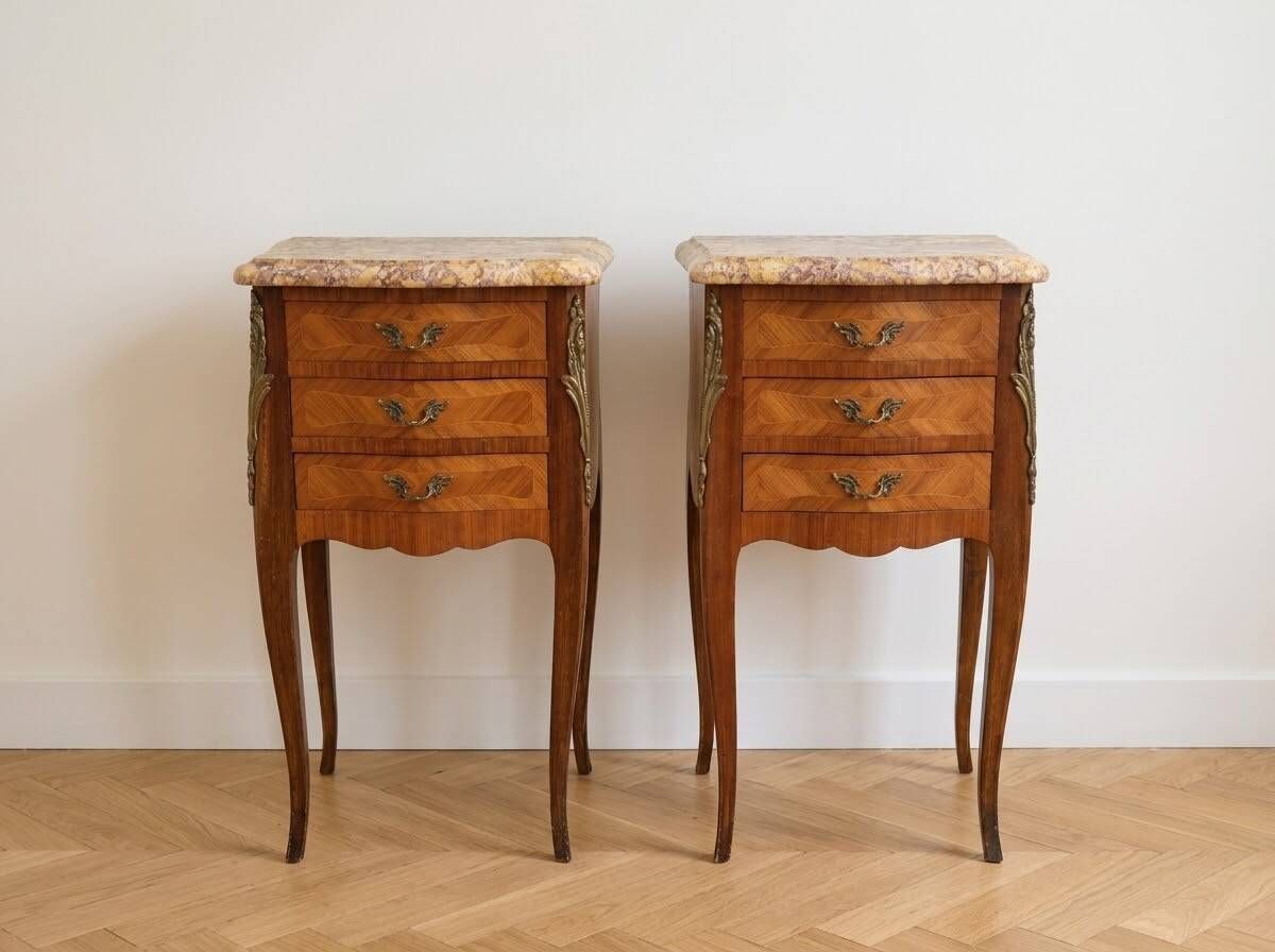Pair of Louis XV style bedside tables in marquetry and marble.