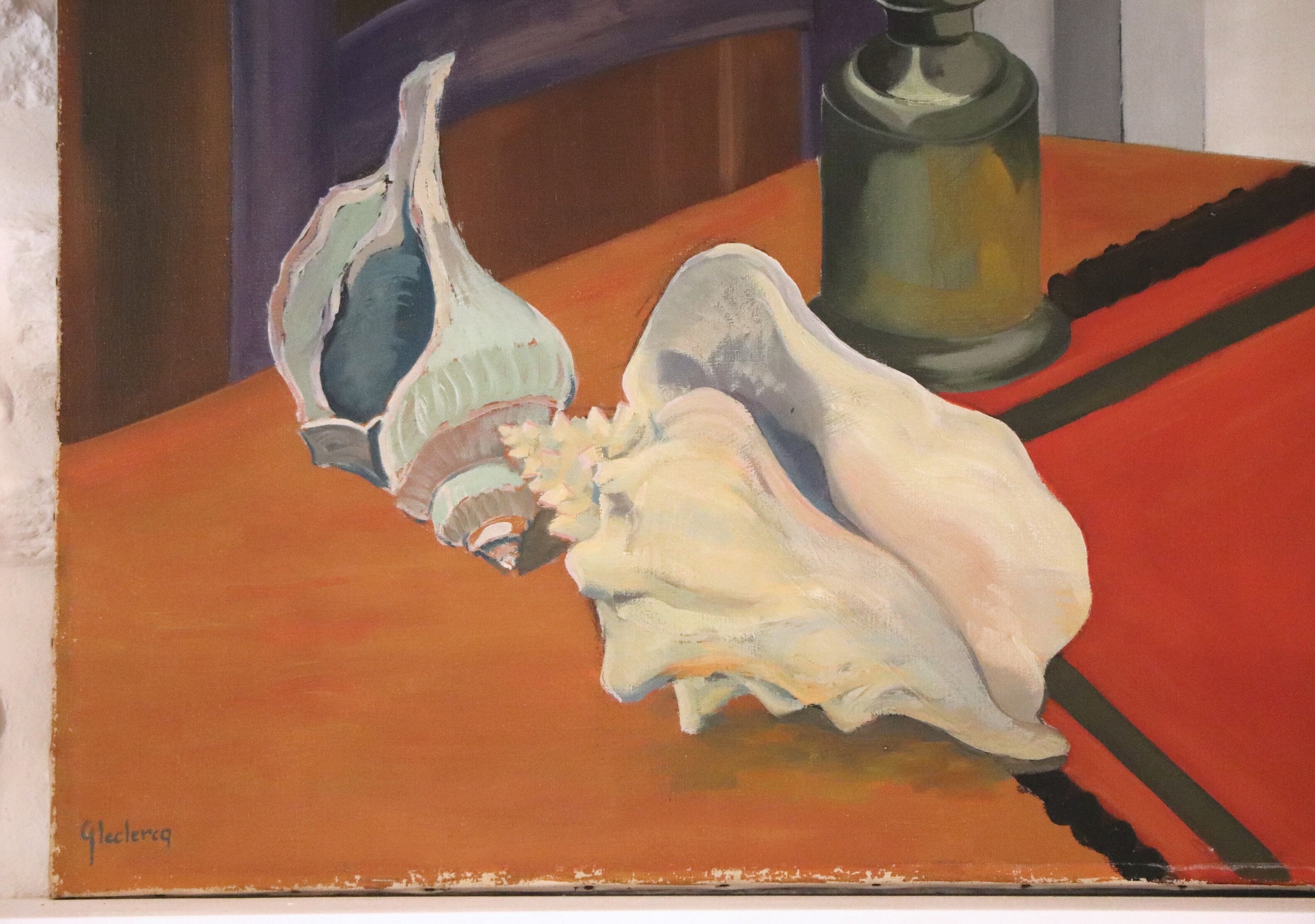 Still life with shells on striped tablecloth, Guy Leclercq, 20th century