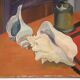 Still life with shells on striped tablecloth, Guy Leclercq, 20th century