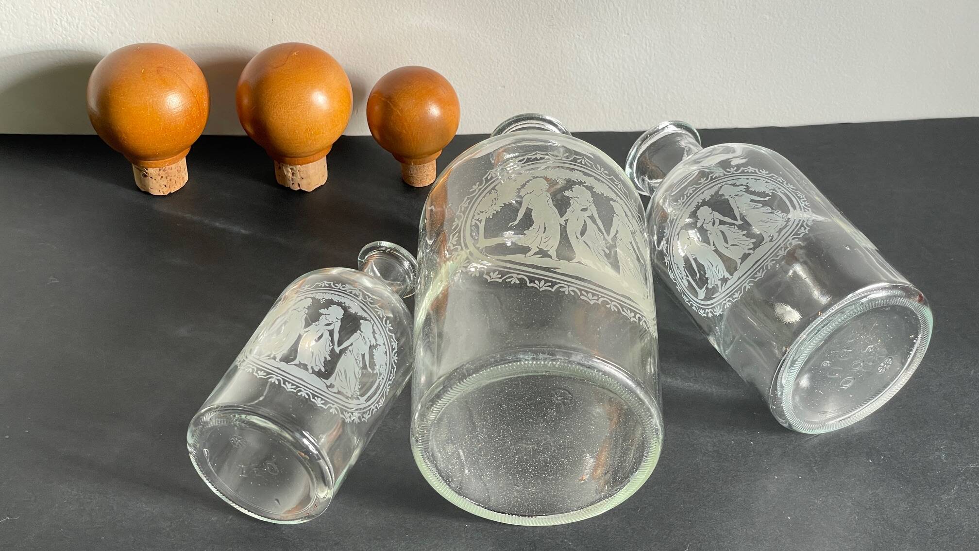BOTTLES Engraved Glass and VINTAGE Wood