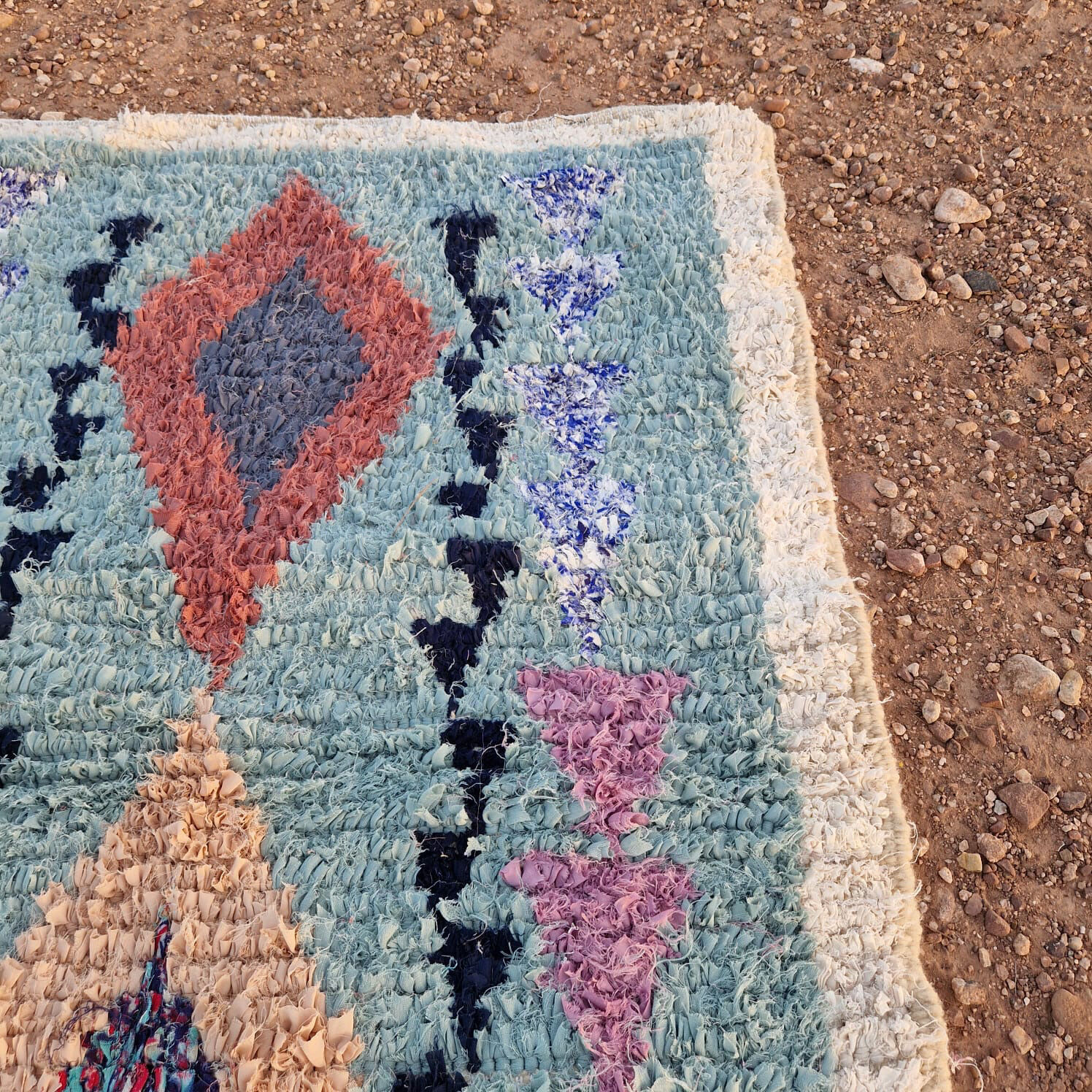 Moroccan Berber carpet Boucherouite light blue