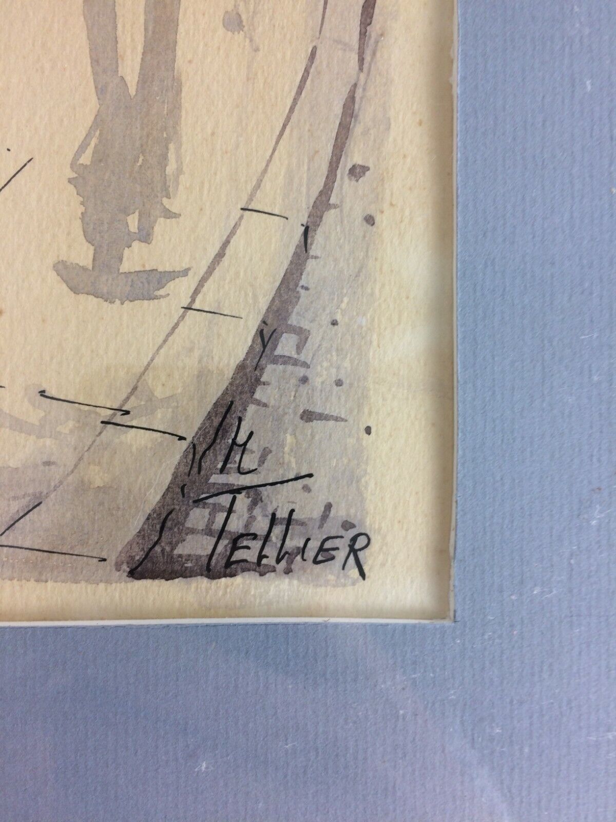 Tableau Les Bouquinistes signé H Tellier aquarelle