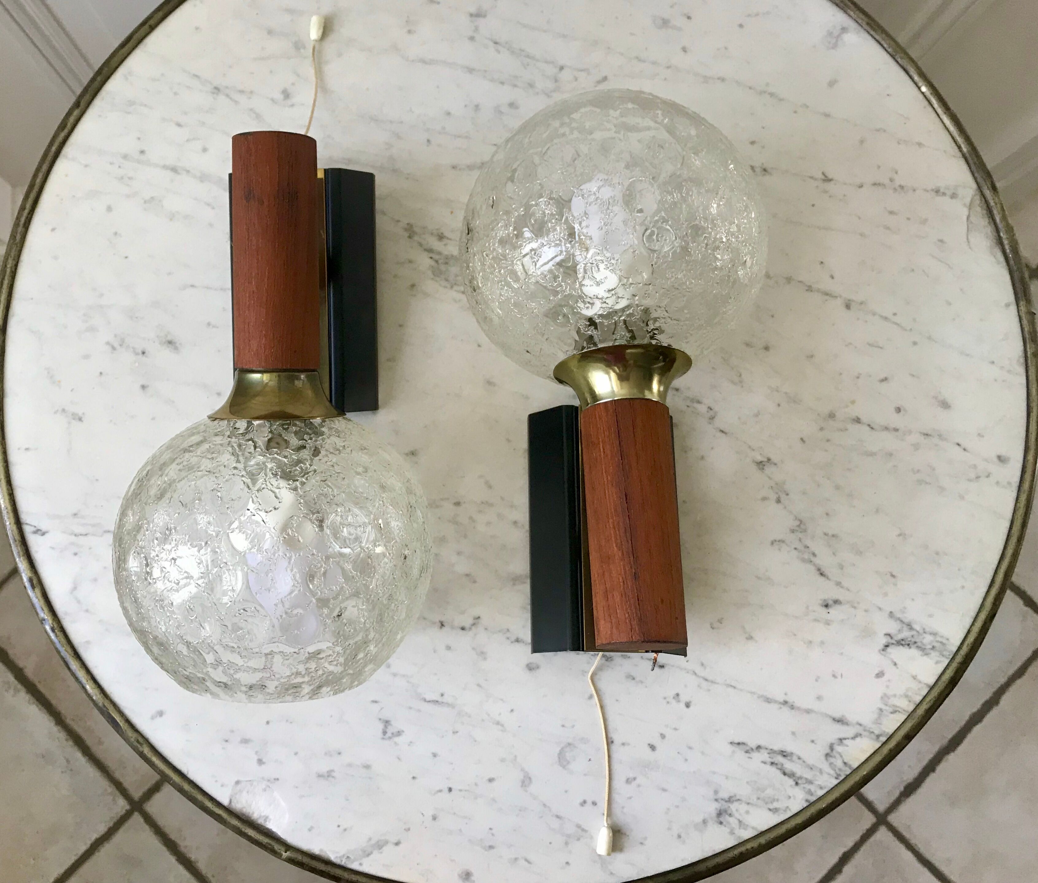 Pair of wall sconces balls in blown glass, metal and teak style 50s
