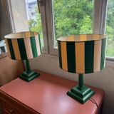 Pair of wooden bedside lamps with striped lampshades