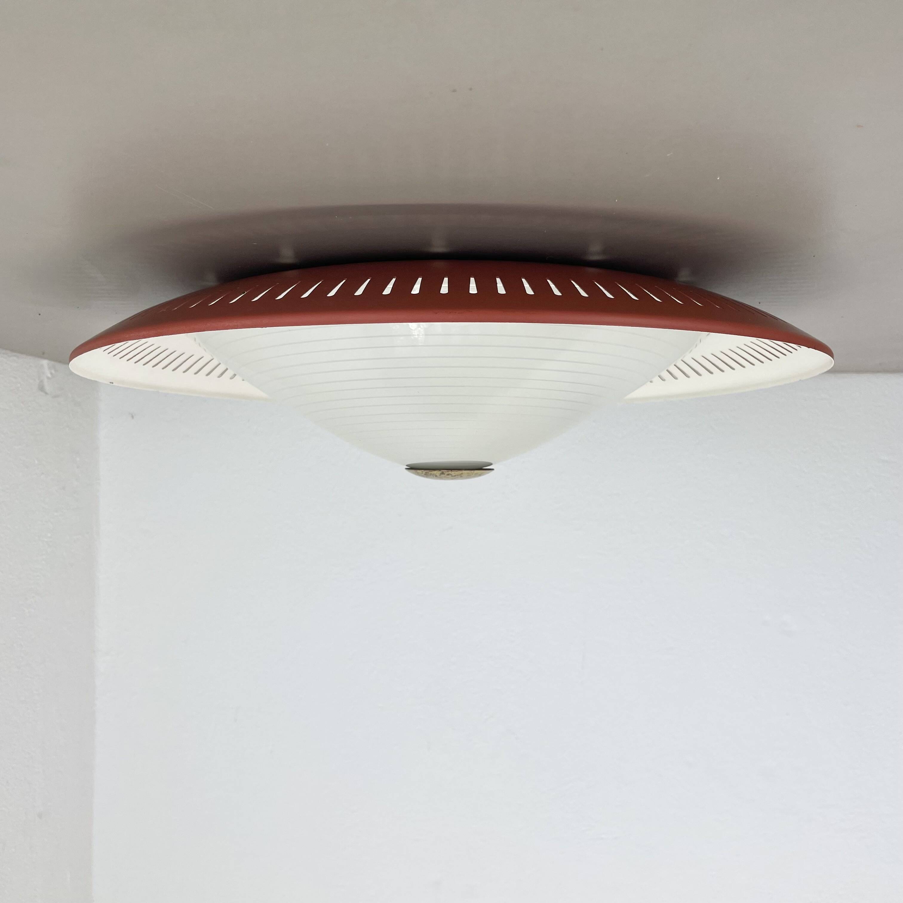 Modernist Stilnovo Style Metal glass Ceiling Flushmount Light, Italy 1950s