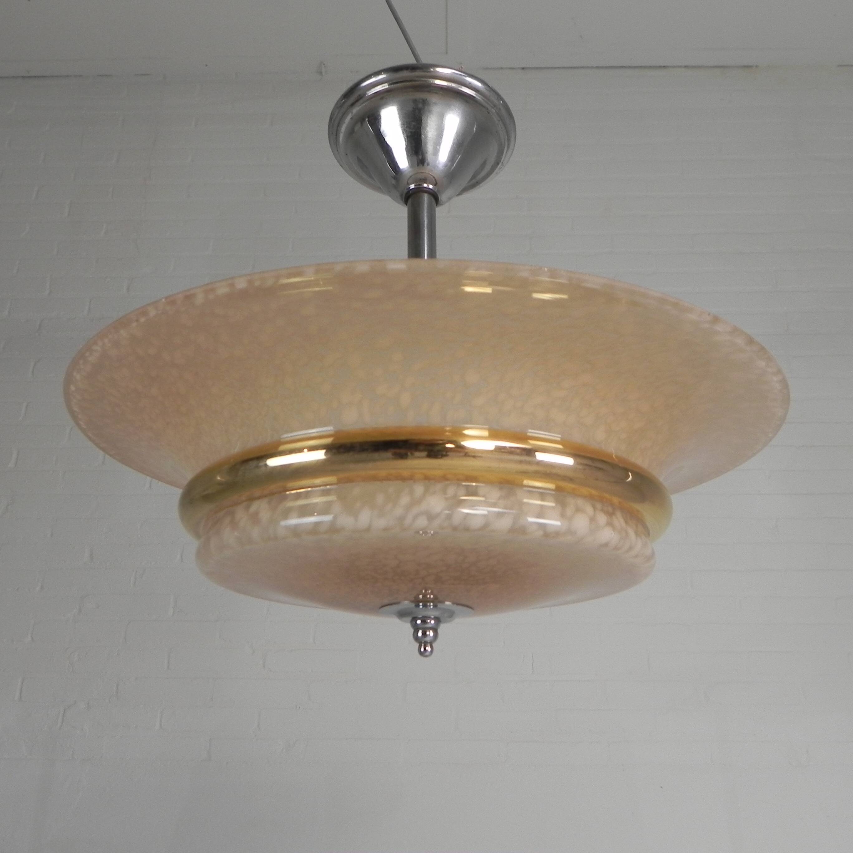 Art Deco suspension with cloudy glass shade and gold band, 1930s