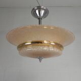 Art Deco suspension with cloudy glass shade and gold band, 1930s