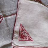 Nappe et serviettes anciennes lin fin blanc broderies rouge