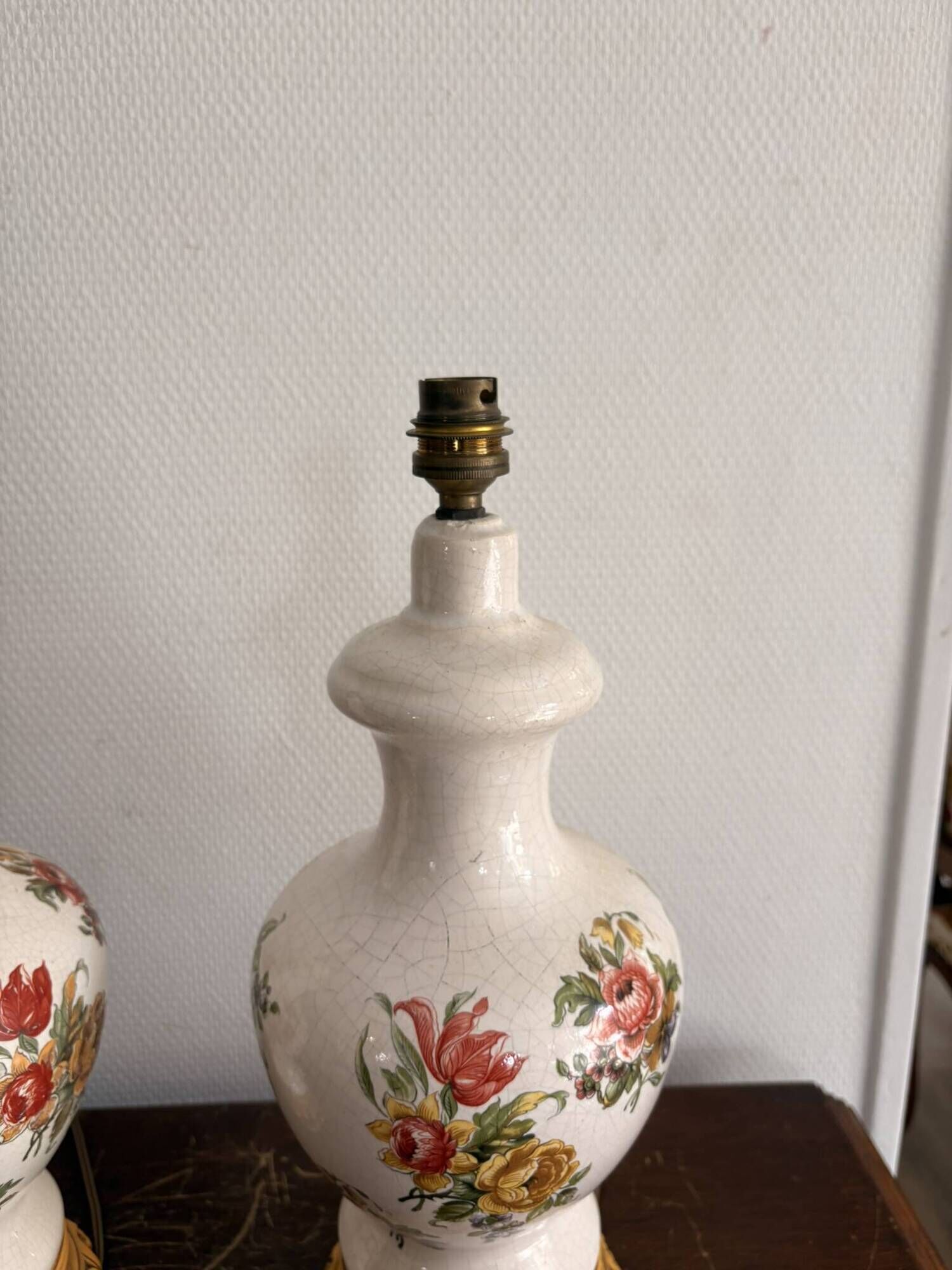 Antique Pair of Ceramic Floral Bulbous Lamps Shabby Chic