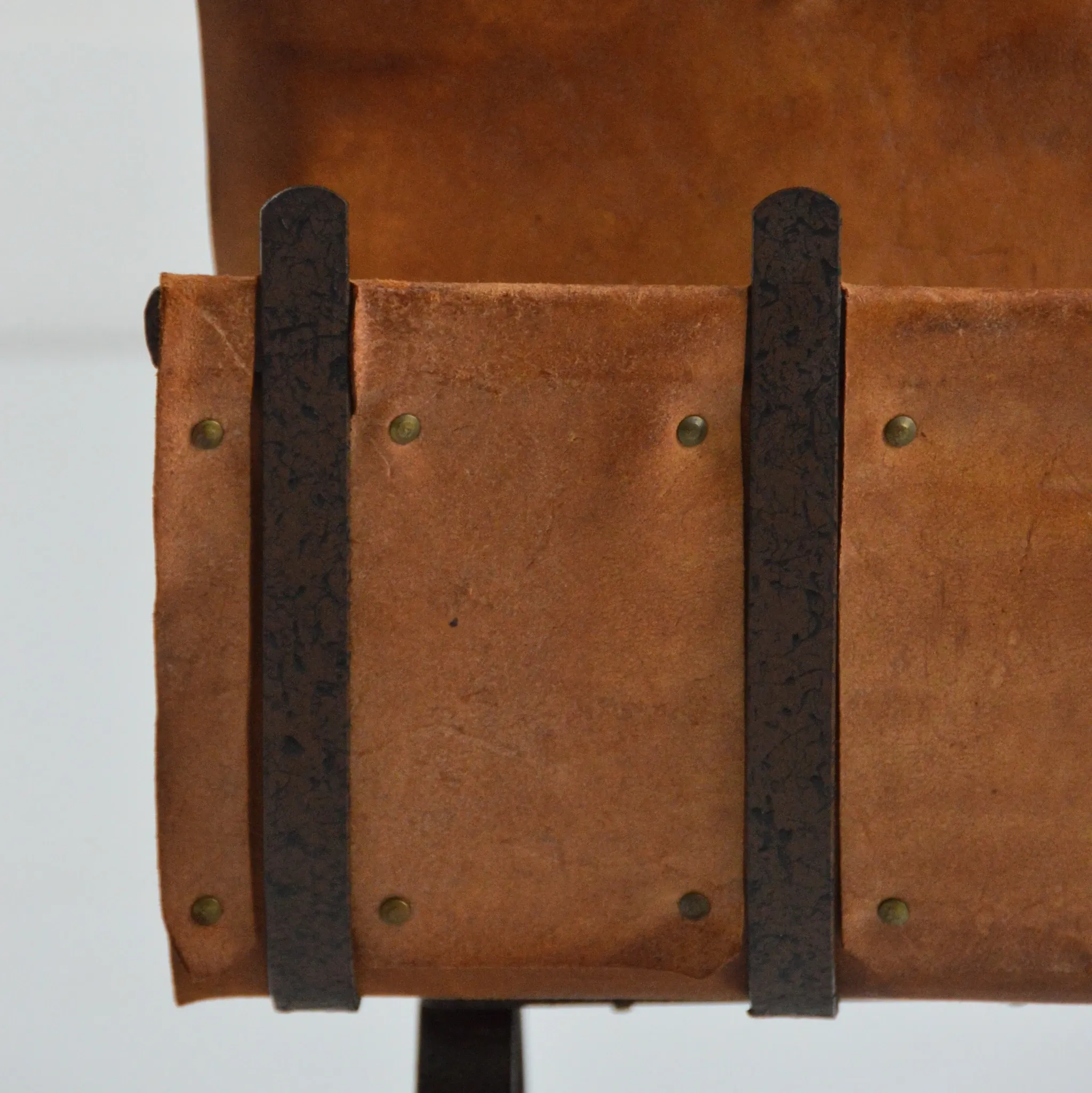 Vintage leather magazine rack with shelf and Brutalist / Rustic ashtray.