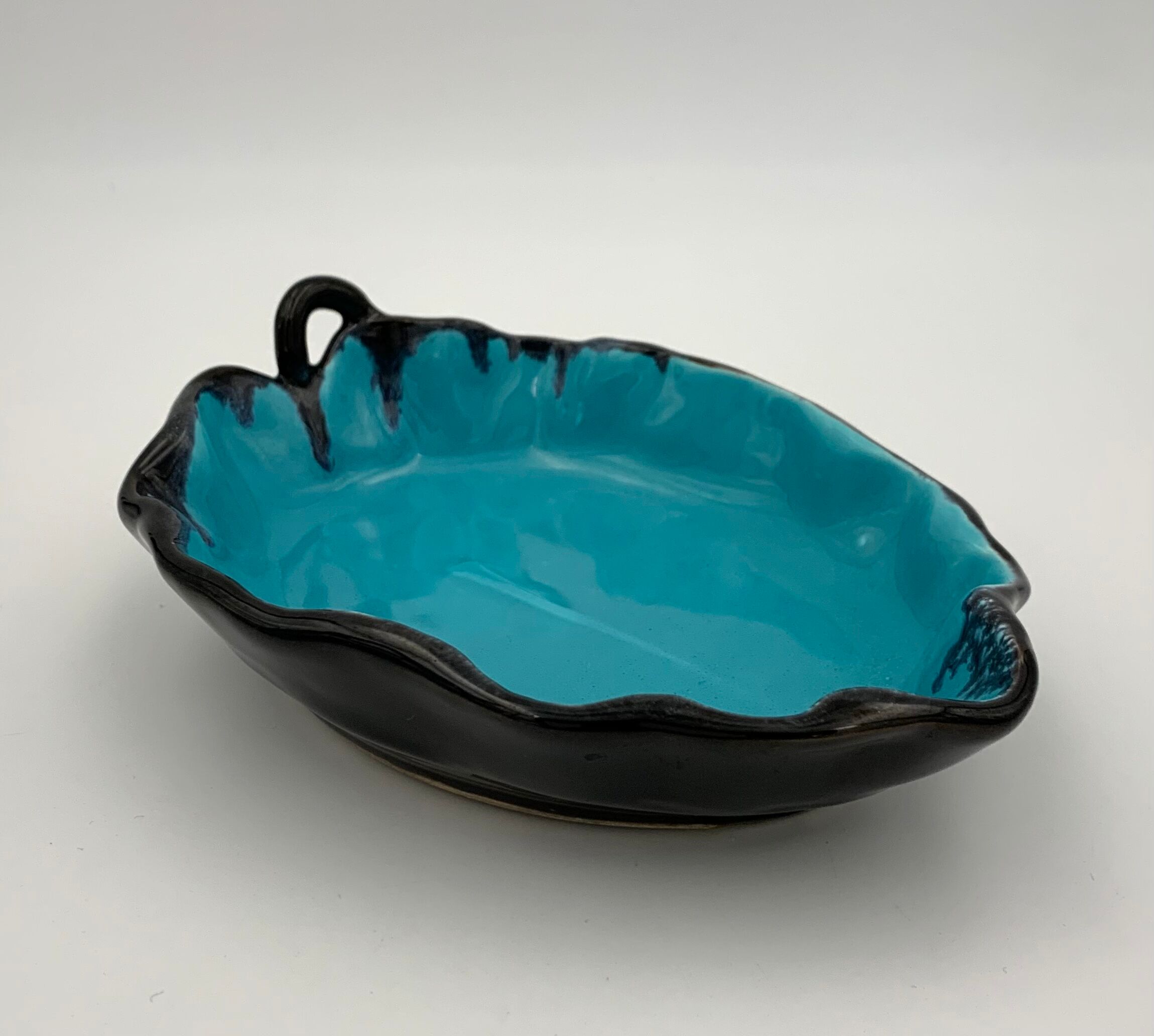 Vintage blue and black enameled ceramic trinket dish - 1960s-1970s