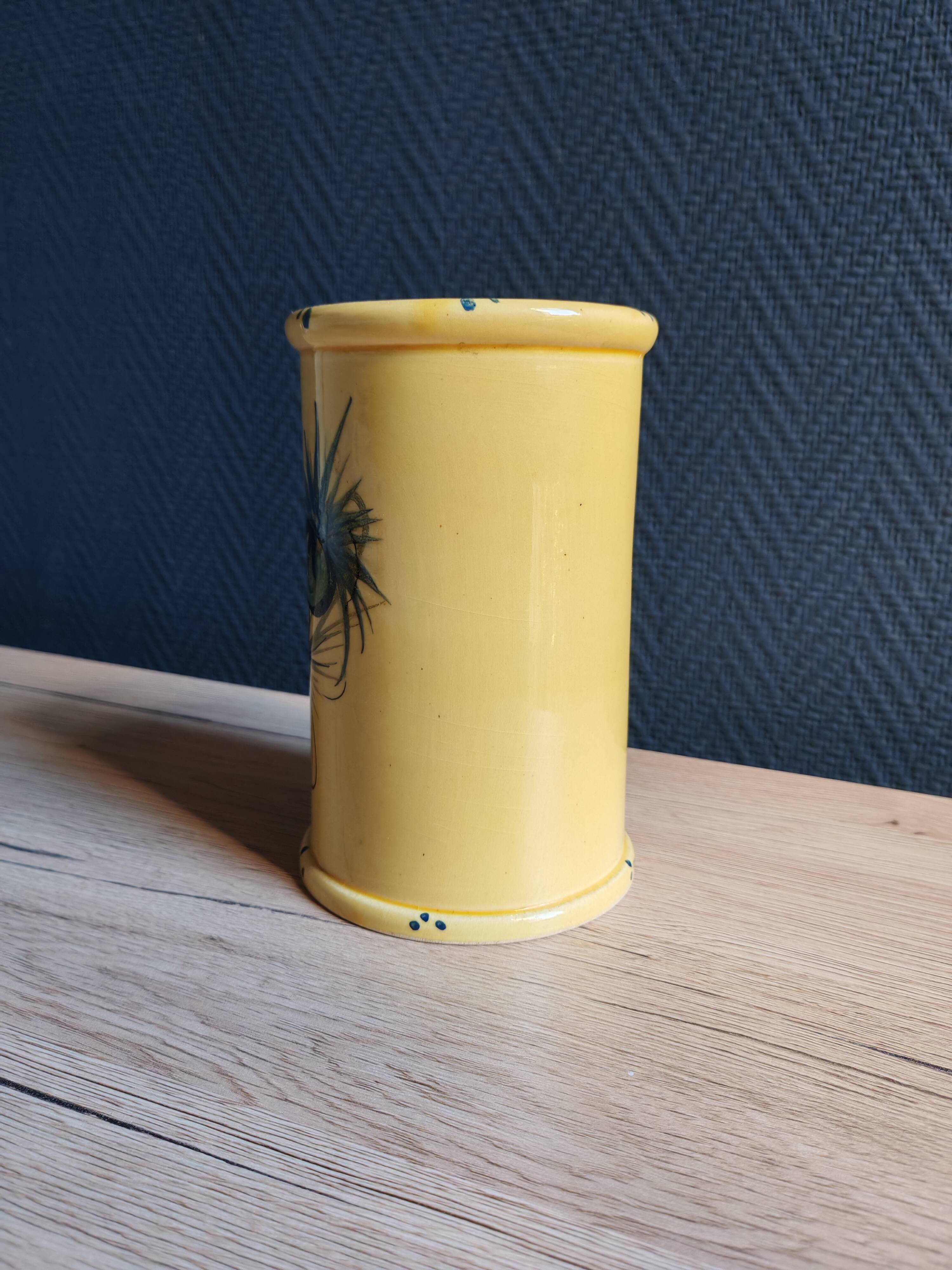 Vintage 1960s Vallauris Yellow Ceramic Vase, Blue Peacock Feather Decor
