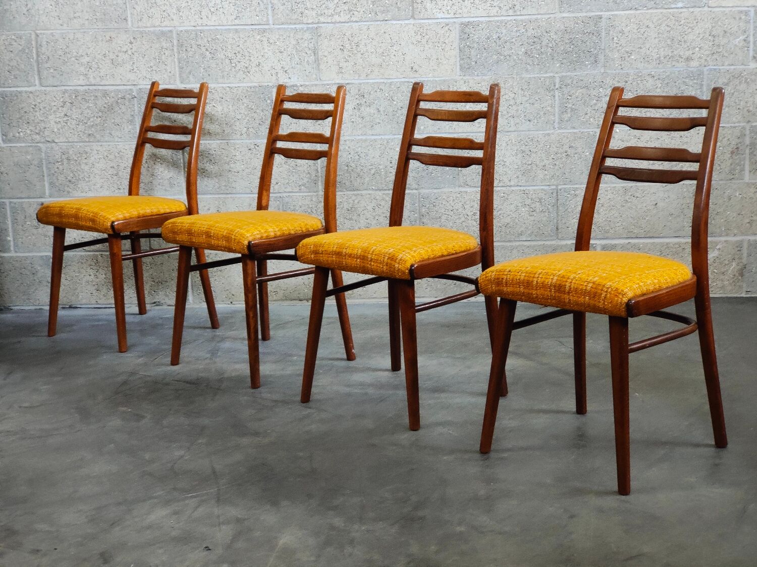 Suite of 4 Czech chairs wood and fabric Yellow "Univerzal" late 60